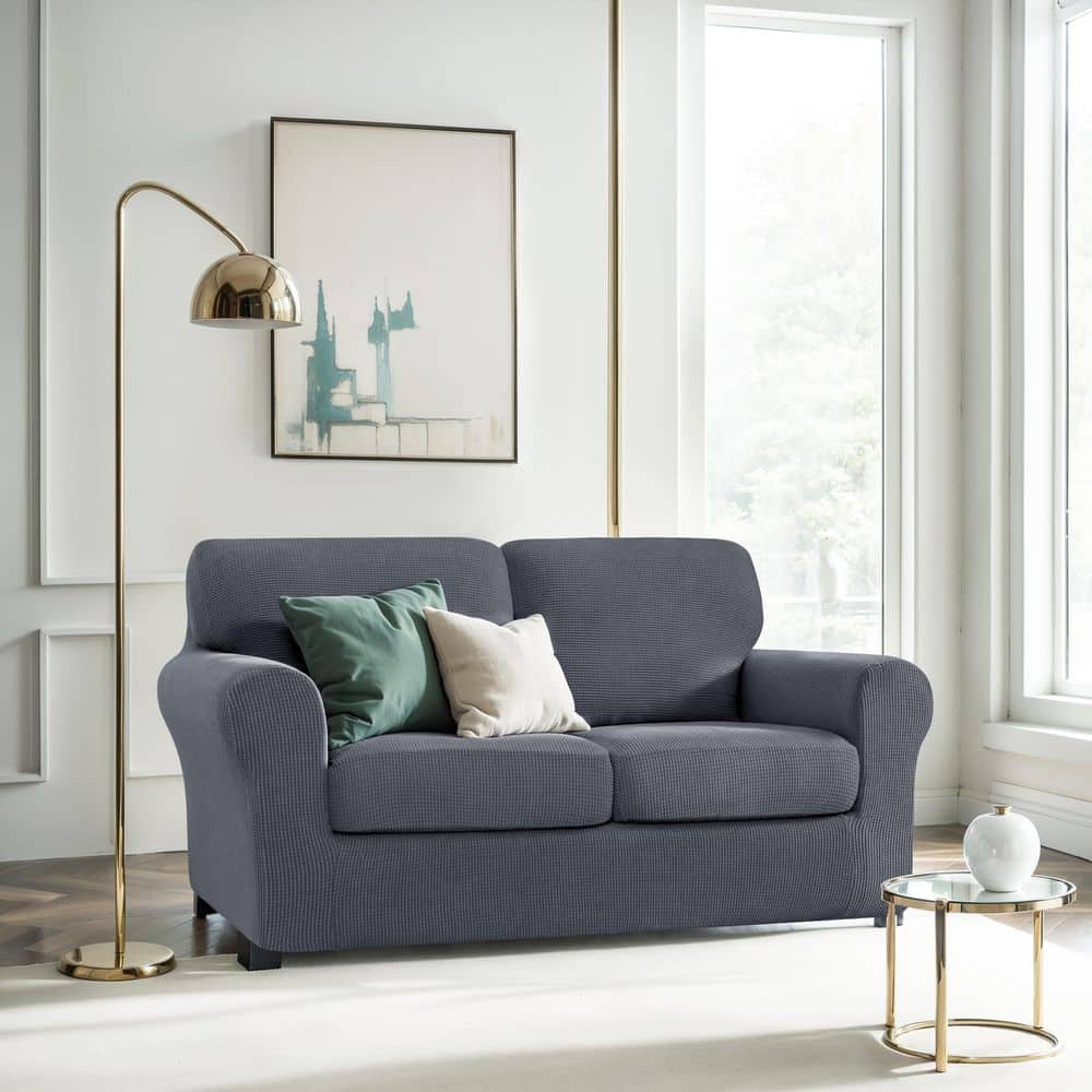 Angel Sar 5-Piece Set Grey Polyester Stretch Sofa Slipcover for 2-Seater Sofa with Separate Backrest and Cushion Covers