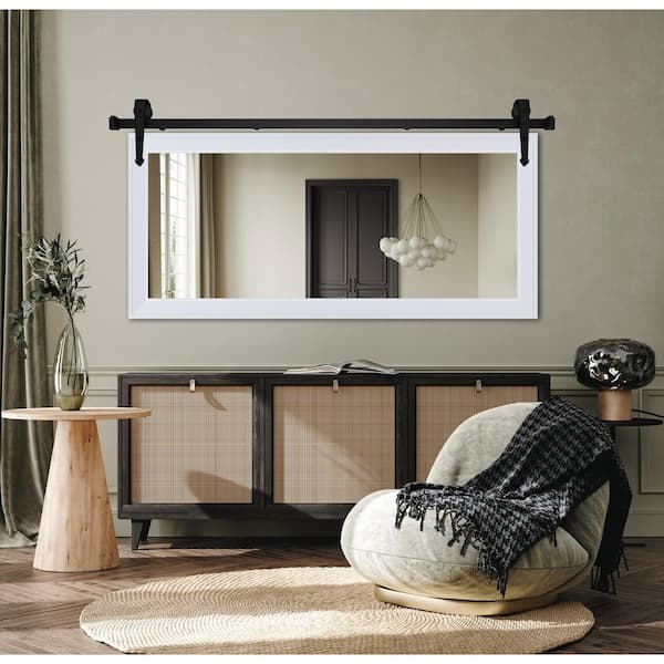 (66 in. W x 33 in. H) Gallery White Modern Rustic Mirror with Steel Barn Door Rail