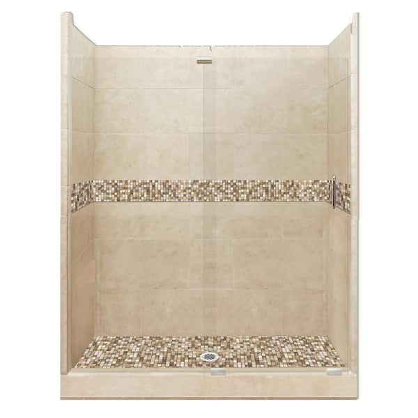 American Bath Factory Roma Grand Slider 42 in. x 60 in. x 80 in. Center Drain Alcove Shower Kit in Brown Sugar and Satin Nickel Hardware