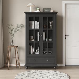 55.1 in. Tall Black Wooden Standard Bookcase with Tempered Glass Doors, 3-Tier Shelves and Drawer