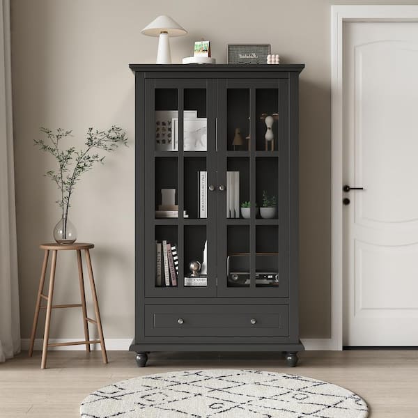 FUFU&GAGA 55.1 in. Tall Black Wooden Standard Bookcase with Tempered Glass Doors, 3-Tier Shelves and Drawer