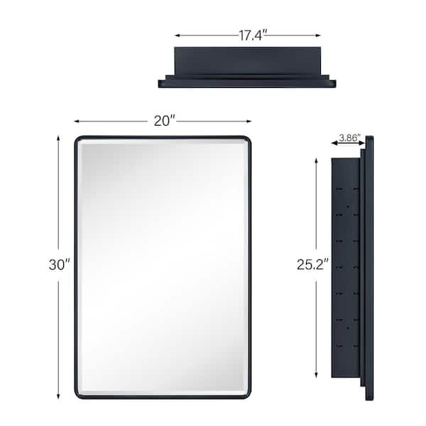 TEHOME Farmhouse 20 in. W x 30 in. H Recessed Rectangular Metal Framed Bathroom Medicine Cabinets with Mirror in Matt Black