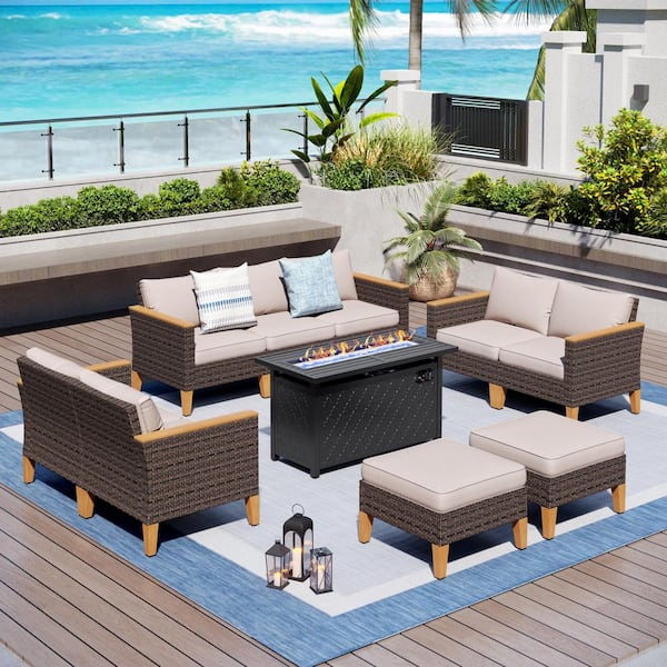 PHI VILLA Brown Wicker Rattan 9 Seat 10-Piece Steel Outdoor Patio Conversation Set with Beige Cushions, Rectangular Fire Pit Table