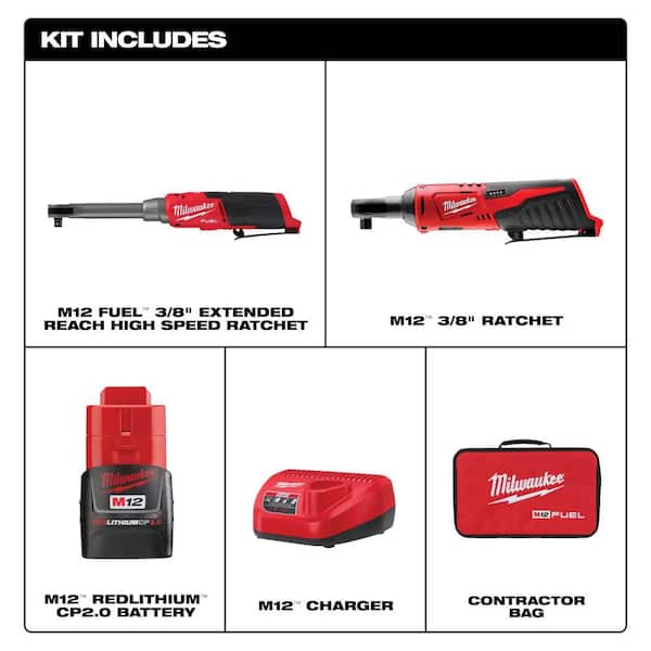 M12 FUEL 12V Lithium-Ion Brushless 3/8 in. Extended Reach High Speed Cordless Ratchet Kit & 3/8 in. Ratchet