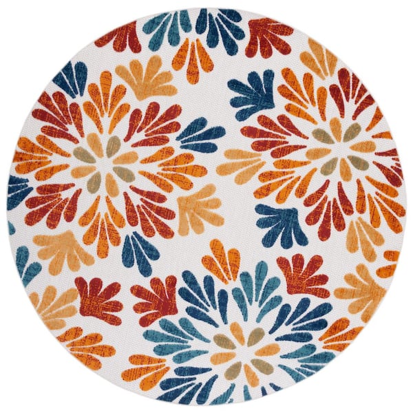 Cabana Creme/Red 5 ft. x 5 ft. Geometric Floral Indoor/Outdoor Round Area Rug