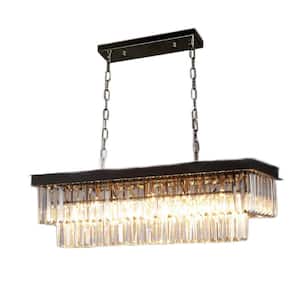 31 in. 8-Light Black Rectangle Crystal Pendant Light, Luxury Chandelier with Adjustable Height, Bulbs Included