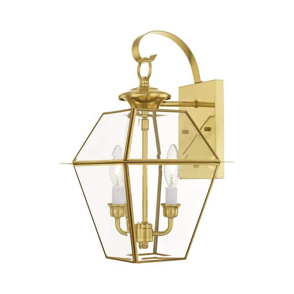 AVIANCE LIGHTING Ainsworth 16.5 in. 2-Light Polished Brass Outdoor Hardwired Wall Lantern Sconce with No Bulbs Included