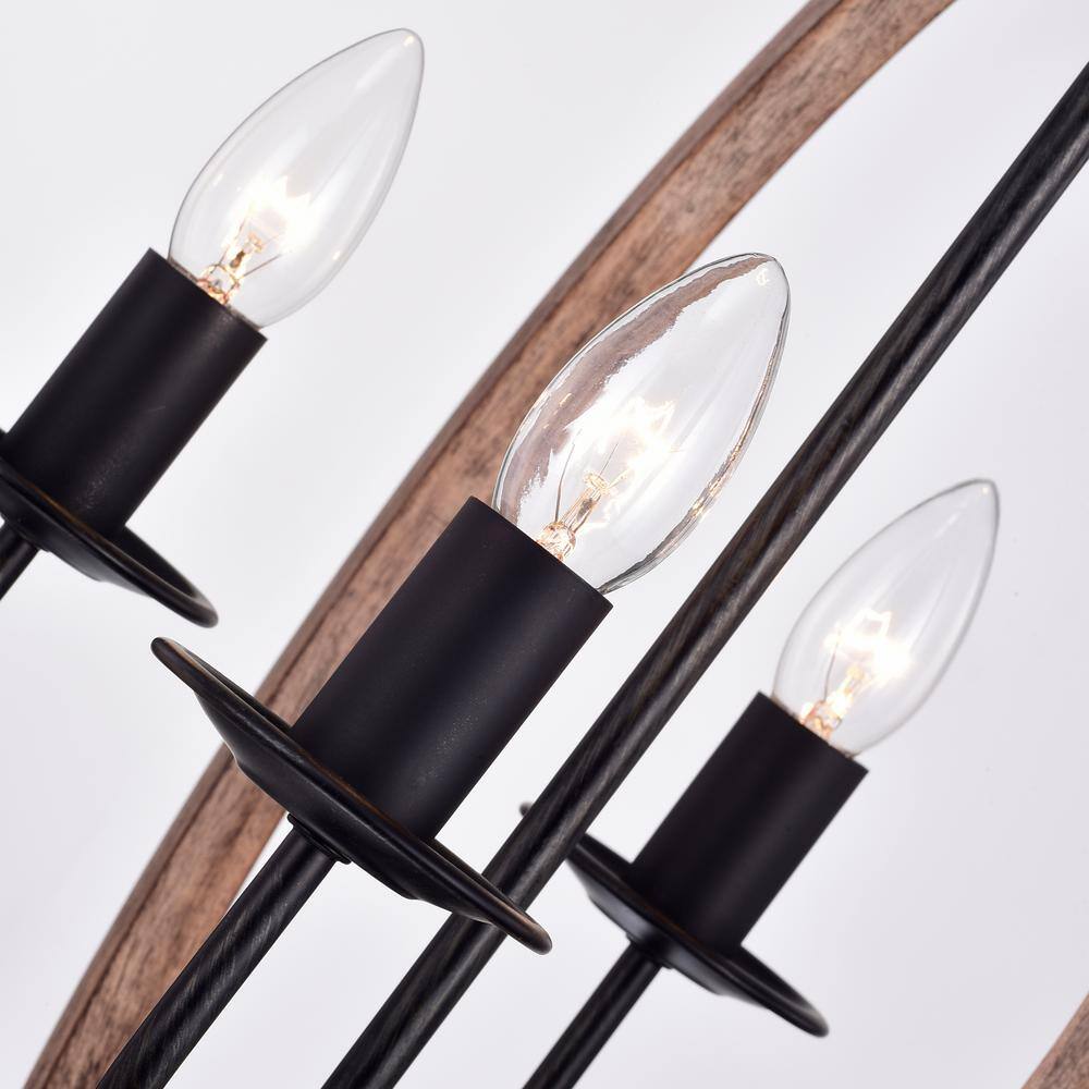 Antique Black and Natural Wood Orb Chandelier with Candle Lights
