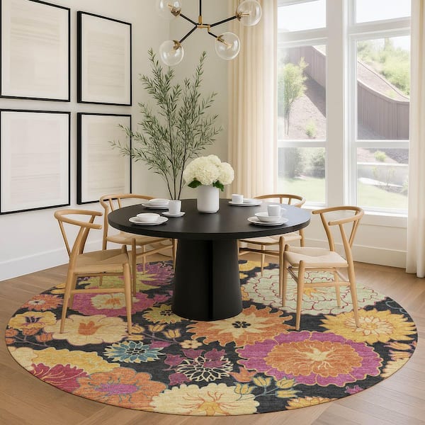 Chantille Machine Washable Indoor/Outdoor Abstract ACN2293 Black 8 ft. x 8 ft. Round Rug