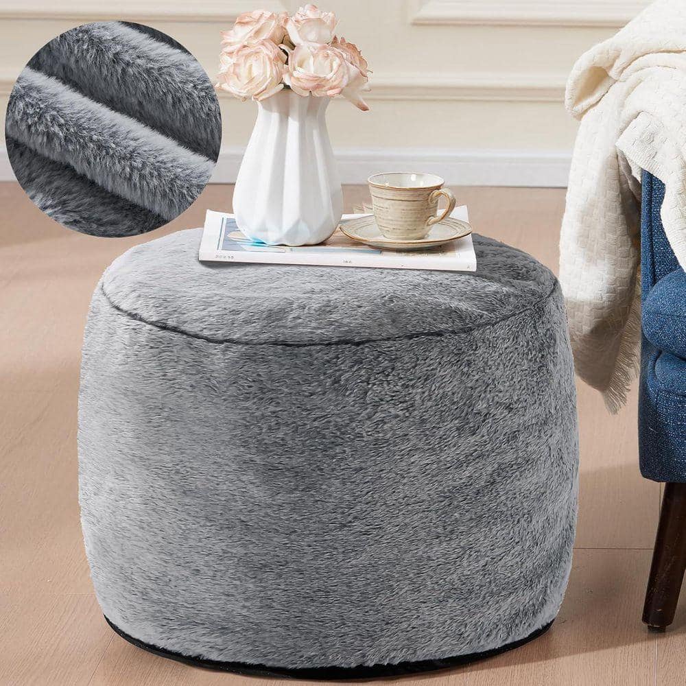 Suede Dark Grey Upholstered Round Foam Chunk Filled Pouf Ottoman
