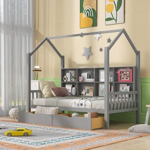Gray Twin Size Wooden House Bed with 2 Drawers and Storage Shelf