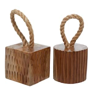Brown Teak Wood Handmade Door Stopper Geometric Sculpture with Rope Accent (Set of 2)