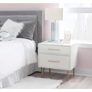 Winslett Glam White Wood 2 Drawer Night Stand with Gold Hardware