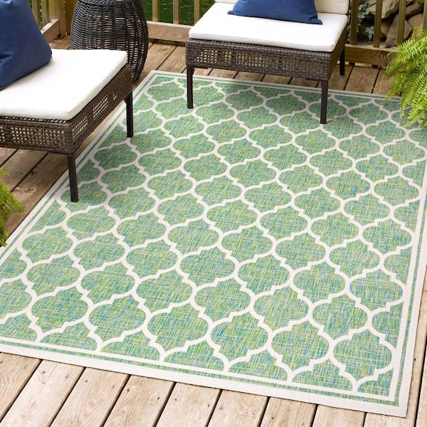 Trebol Moroccan Trellis Textured Weave Cream/Green 8 ft. x 10 ft. Indoor/Outdoor Area Rug