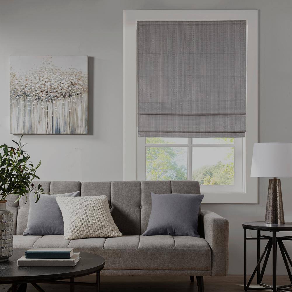 Gray Fabric Cordless Blackout Roman Shade with Basketweave Texture