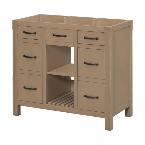 Tileon 35.51 in. W x 17.87 in. D x 32.99 in. H Bath Vanity Cabinet without Top with 2-Drawers 2 Doors and Open Shelves in Brown