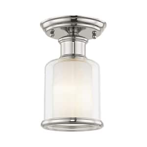 Bellington 5.5 in. 1-Light Polished Nickel Semi Flush Mount with Clear Outer Glass and Satin Opal Inner Glass