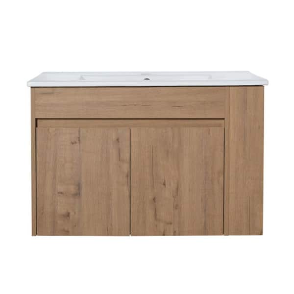 29.13 in. Wall-Mounted Bath Vanity Cabinet with Adjustable Open Shelf and 45° Comfort Handle without Top in Oak Brown