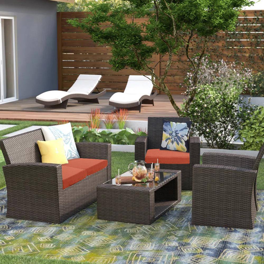 Grandview Outdoor Chocolate Wicker 4-Piece Patio Set with Orange Cushions
