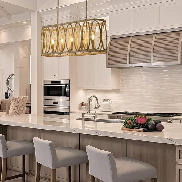 Farmhouse 5-Light Distressed Brass Rustic Oval Island Pendant Light Linear Chandelier