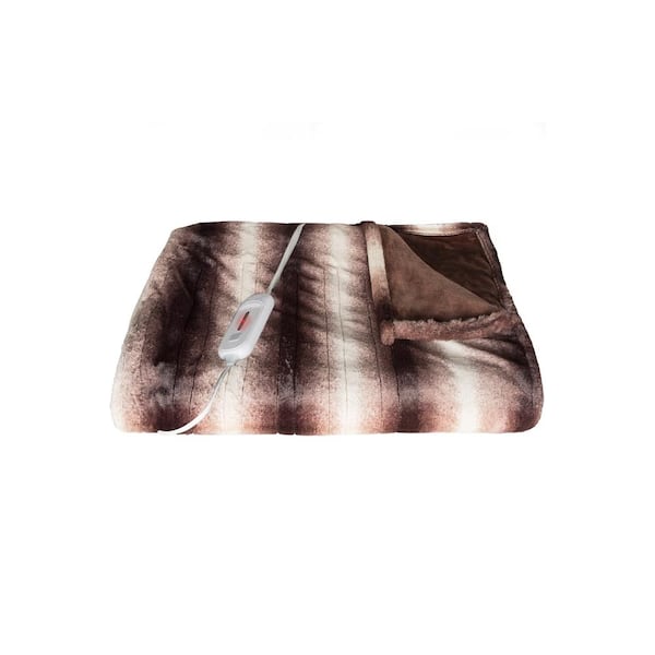 Luxe Faux Fur 50 In X 60 In Faux Fur Brown White Heated Throw 676685047694 The Home Depot