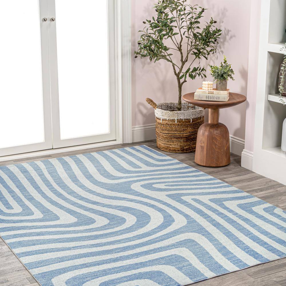 Blue and Cream Abstract Synthetic 4' x 6' Washable Area Rug