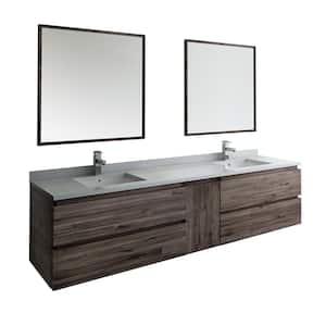 Formosa 84 in. Modern Double Wall Hung Vanity in Warm Gray with Quartz Stone Vanity Top in White w/ White Basins, Mirror