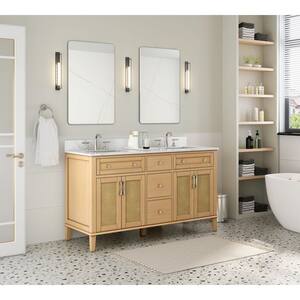 60in. W x 22 in. D x 34.5 in. H Double Vanity in Natural Oak with Engineered Carrara Marble Top and White Sinks