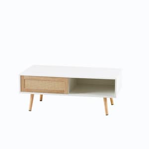 41.34 in. Rattan Coffee Table, Sliding Door for Storage, Solid Wood Legs, Modern Table for Living Room