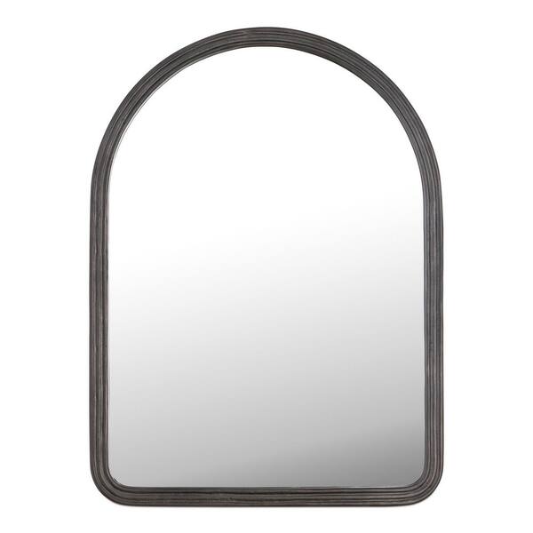 Quill Black 30 in. W x 40 in. H Arched Modern Cast Aluminum Framed Mirror with Channeled Detailing