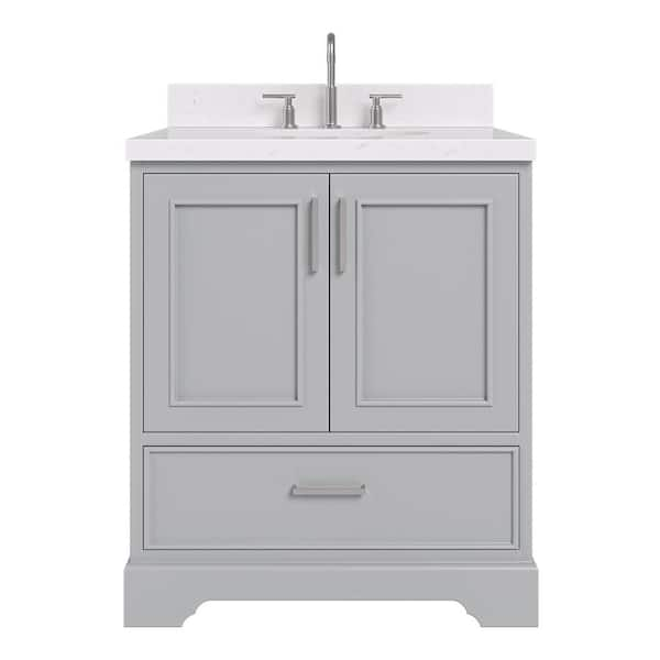 Stafford 30 in. W x 22 in. D x 36 in. H Single Sink Freestanding Bath Vanity in Grey with Carrara White Quartz Top