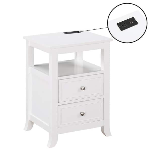 Convenience Concepts Melbourne 15.75 in. W White Square MDF 2 Drawer End Table with Charging Station and Shelf