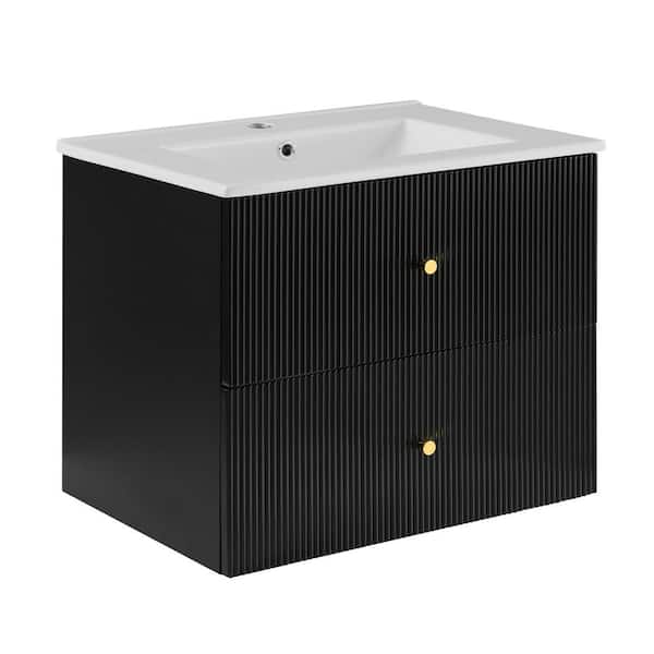 stufurhome Netdc 24 in. W x 18.1 in. D x 20.3 in. H Single Sink Bath Vanity in Black with White Ceramic Top﻿