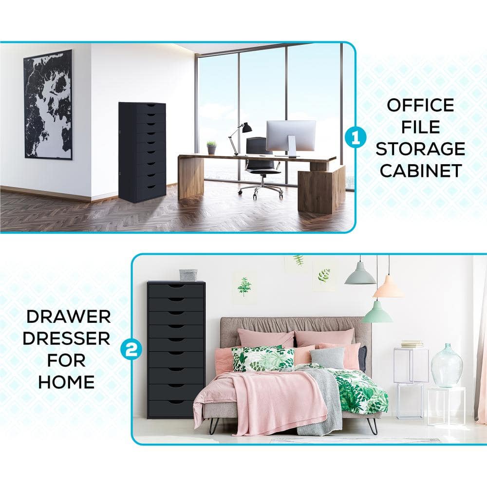 Black Mobile 9-Drawer Water Resistant Office Storage Cabinet