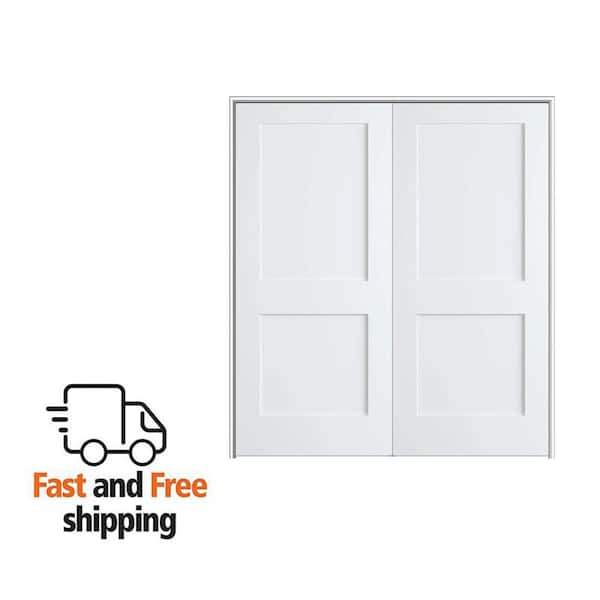 Shaker Flat Panel 48 in. x 80 in. Both Active Solid Core Primed HDF Double Pre-Hung French Door with 4-9/16 in. Jamb