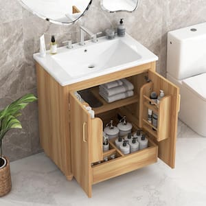 30 in. W x 18.3 in. D x 34.4 in. H Freestanding Bath Storage Vanity in Natural with White Ceramic Top Single Basin Sink