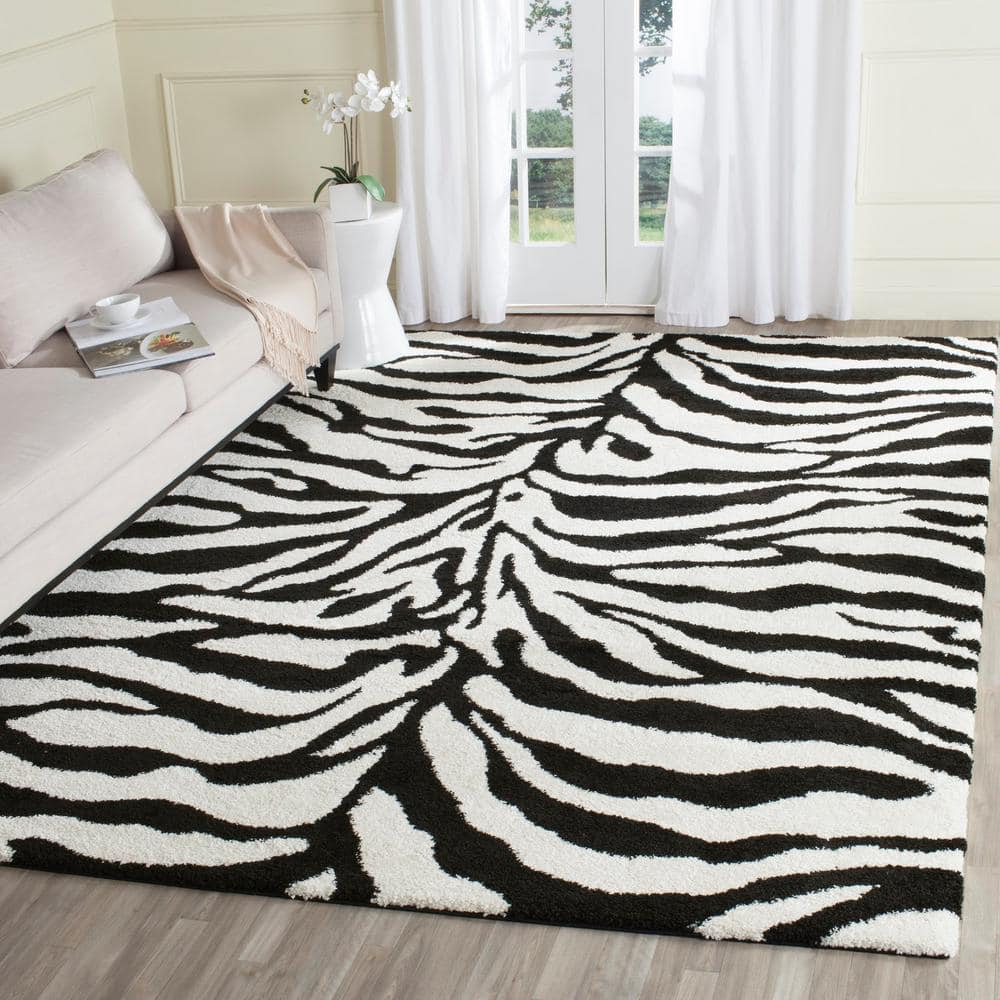 Ivory and Black Zebra Print Shag Area Rug, 8' x 10'