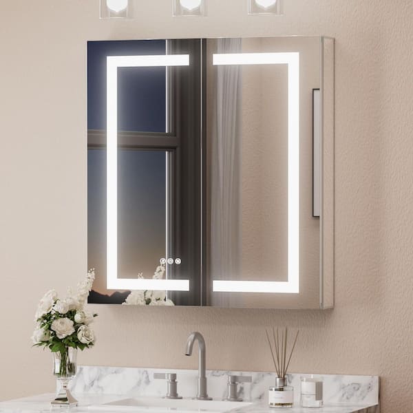 KeonJinn 30 in. W x 32 in. H Rectangular Aluminum LED Medicine Cabinet with Mirror 3-Color Lights, Recessed/Surface Mount
