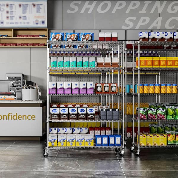 Unbranded 5-ShelvesMetal Pantry Organizer with Adjustable Storage Rack, 600 lbs. Capacity, Wheels and Shelf Liners in Chrome