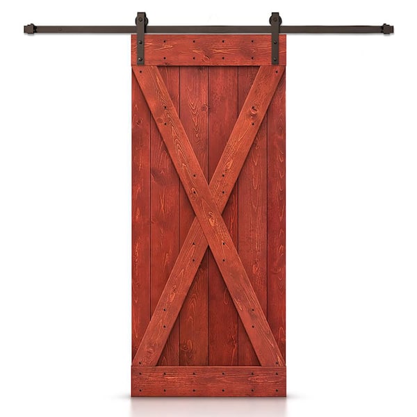 CALHOME X Series 42 in. x 84 in. Pre-Assembled Cherry Red Stained Wood Interior Sliding Barn Door with Hardware Kit