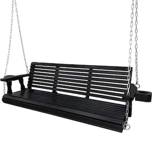 5 ft. Outdoor Wood Patio Swing with Cup Holders, Adjustable Hanging Chains and Spring Hooks, Black