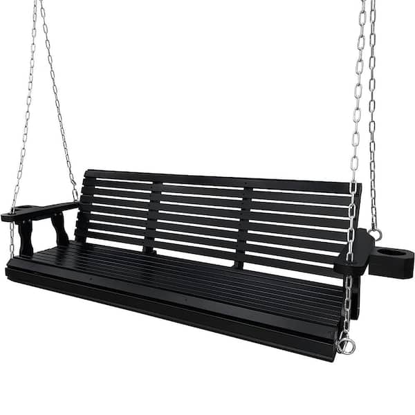Innovaze 5 ft. Outdoor Wood Patio Swing with Cup Holders, Adjustable Hanging Chains and Spring Hooks, Black