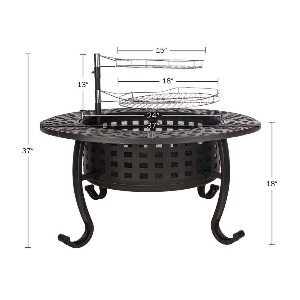 37" Black Steel Round Wood Burning Fire Pit Table with Grills