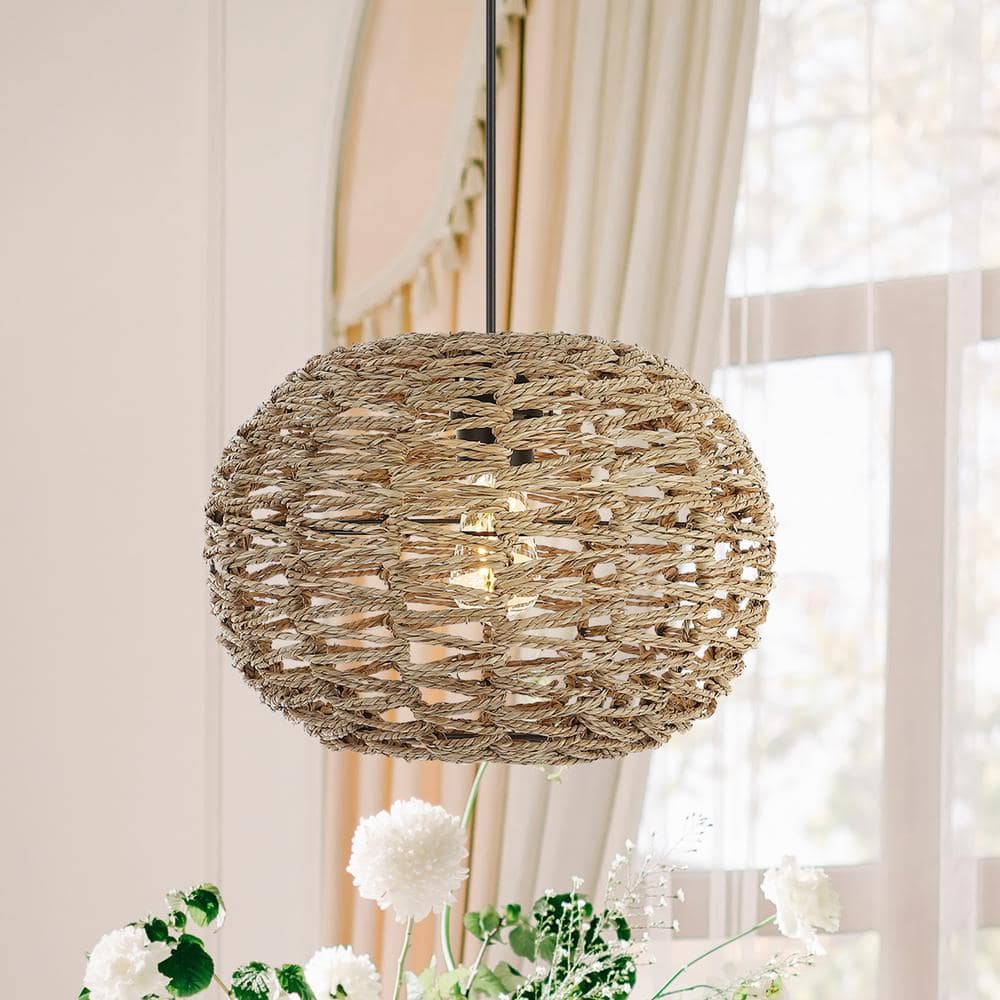 Isla Farmhouse 14" Brown Rattan LED Pendant with Adjustable Cord