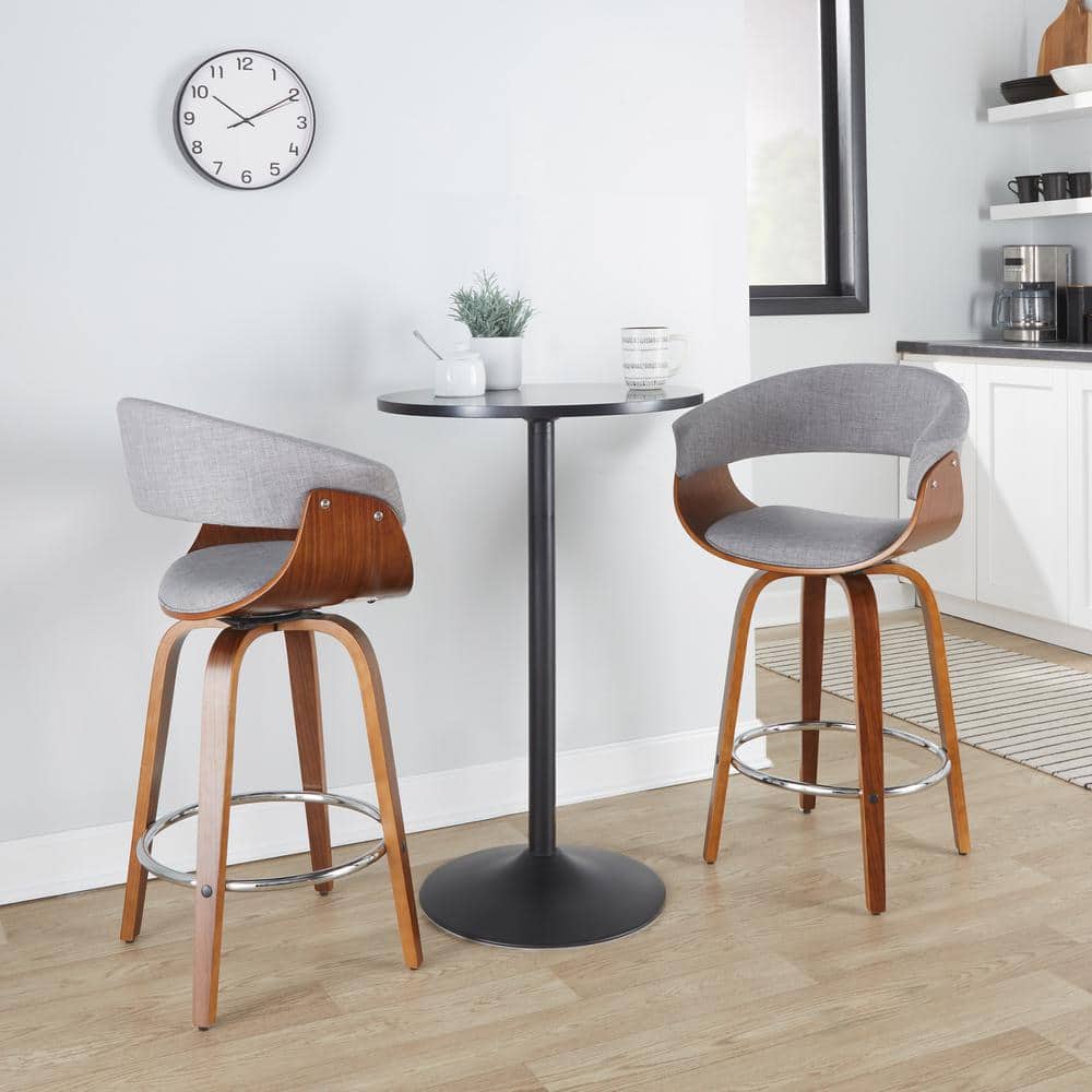 Light Gray Walnut Wood Swivel Counter Stools with Chrome Footrest, Set of 2