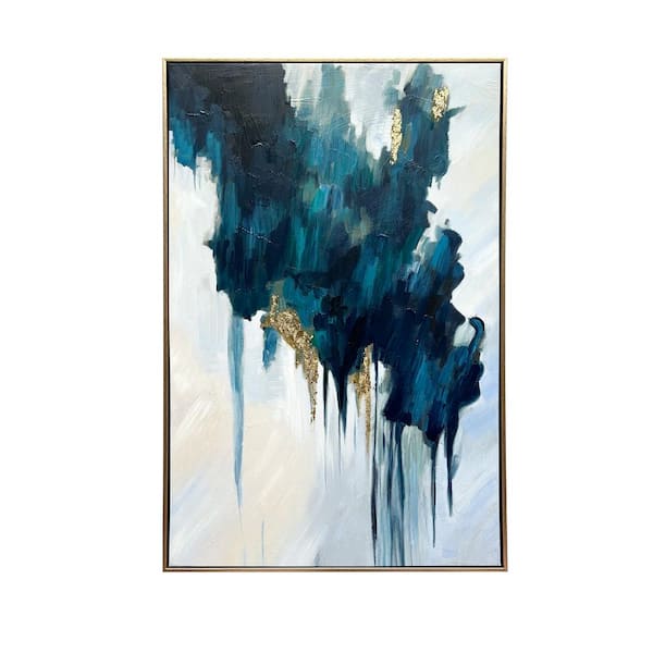 Unbranded Turquoise Glimmer Gold Floating Framed Canvas Abstract Art 24 in. x 36 in.