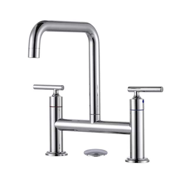 Double Handle Bridge Faucet with Kitchen Sink Hole Cover in Polished Chrome