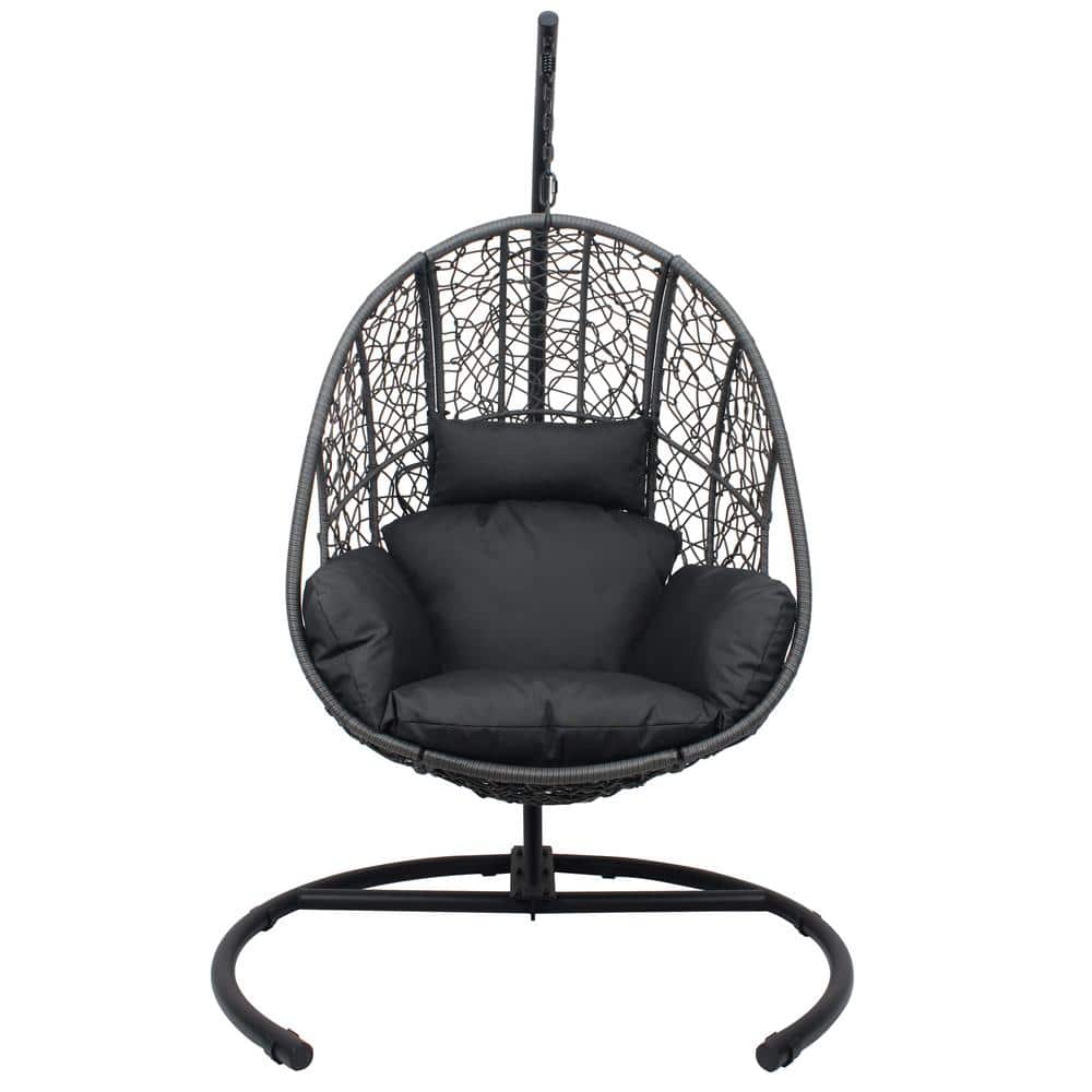 Outdoor Indoor Black PE Wicker Patio Swing Egg chair with Black Cushion, Pi