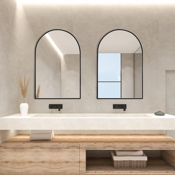 24 in. W x 36 in. H Black Vanity Arched Wall Mirror Aluminium Alloy Frame Bathroom Mirror (2-pieces)