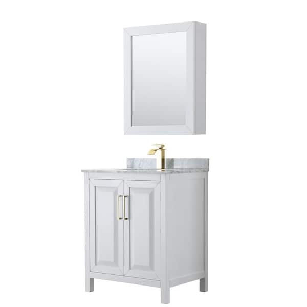 Wyndham Collection Daria 30 in. W x 22 in. D x 35.75 in. H Single Sink Bath Vanity in White with White Carrara Marble Top and MedCab Mirror